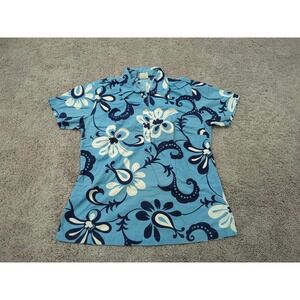 Go Barefoot Shirt Womens‎ Large Blue Short Sleeve Popover Hawaiian Made in USA